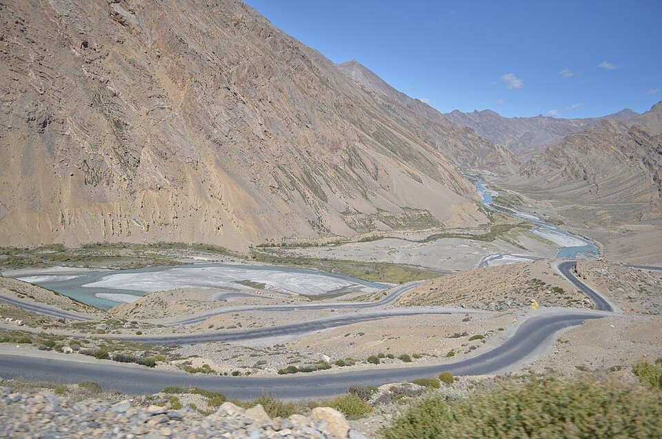 The Tsarap river and the road, seen from the Gata Loops, on the Manali to Leh route